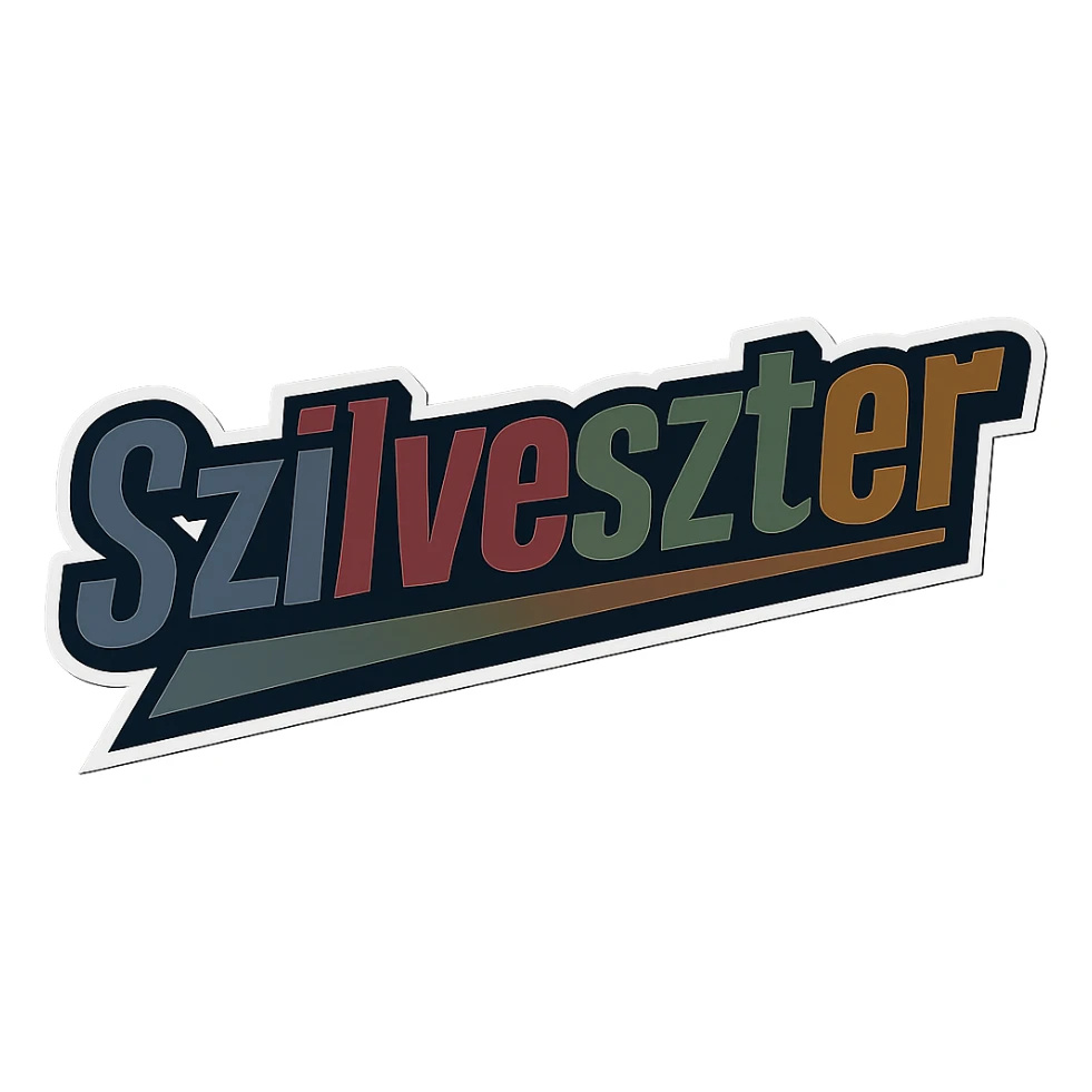 Text image of the name 'Szilveszter' in a masculine, modern, gradient font with precise Hungarian characters, dark contour, extra thick, prominent white border as in sample images, dynamic slanted underline, masculine color shades (blue, gray, burgundy, green, brown), 1000x1000 px, PNG, transparent background. sticker