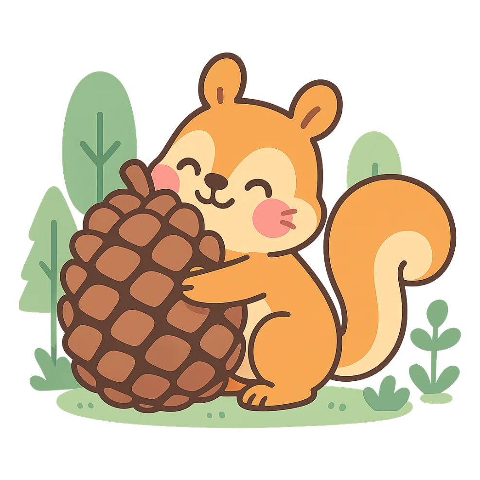 squirrel hugging a giant pine cone, forest kawaii illustration, pastel-toon style sticker