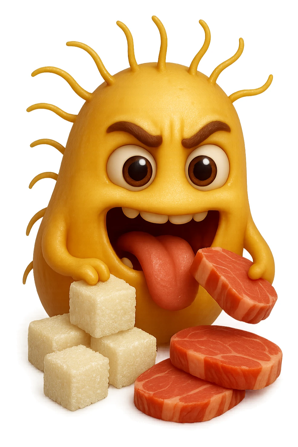 emoji stile iphone realistica di un batterio della candida con espressione affamata che si nutre di zollette di zuccheri e fettine di carne, IPERREALISTICO 4K sticker