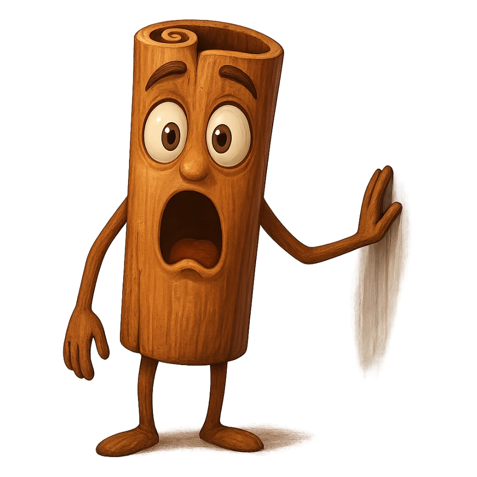 Create a surprised expression for a cinnamon stick character. The character should have wide eyes and an open mouth to show surprise, with a transparent background. sticker