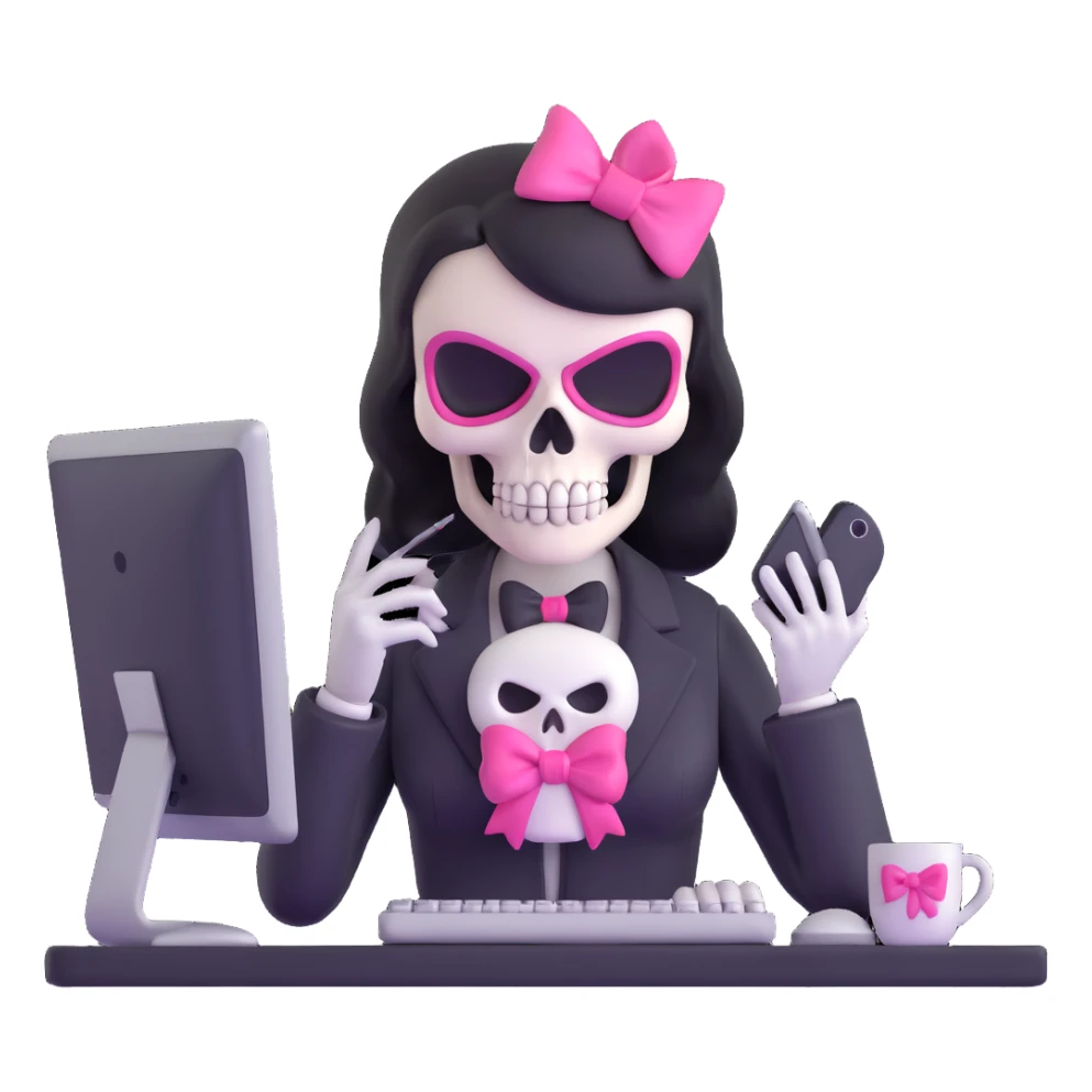 female Punisher skull character with pink bow working on computer sticker