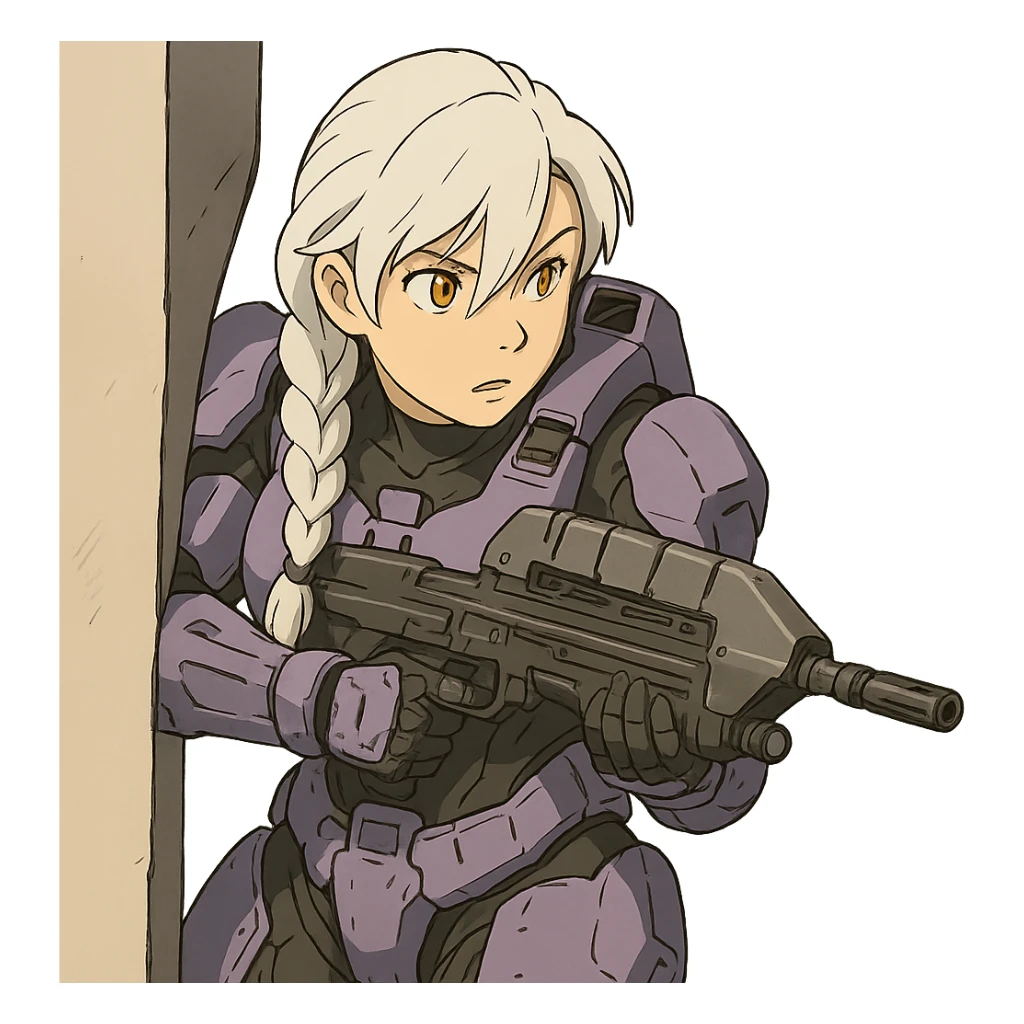 female, wearing reach spartan armor default, long white braid hair with massive messy front side single bangs, gold yellow eyes, attention pose, HALO:series, no helmet, the armor is lavender color scheme, shoulder pad off. DDD bust size fitting. Punk gothic cyberpunk, peeking around a corner while aiming a classic HALO1 AR, tactical, lean sticker