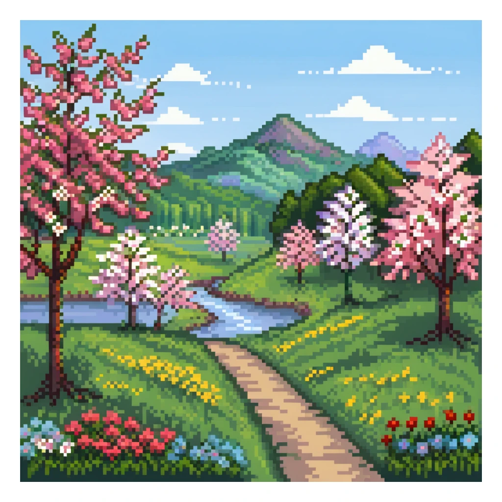 Spring landscape with blooming cherry trees, colorful flowers, and green grass sticker