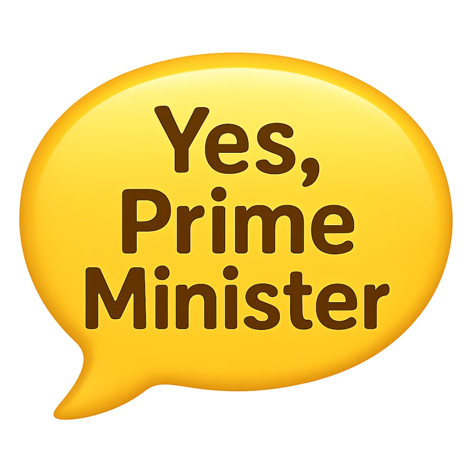 speech bubble with the words 'Yes, Prime Minister' in emoji style sticker