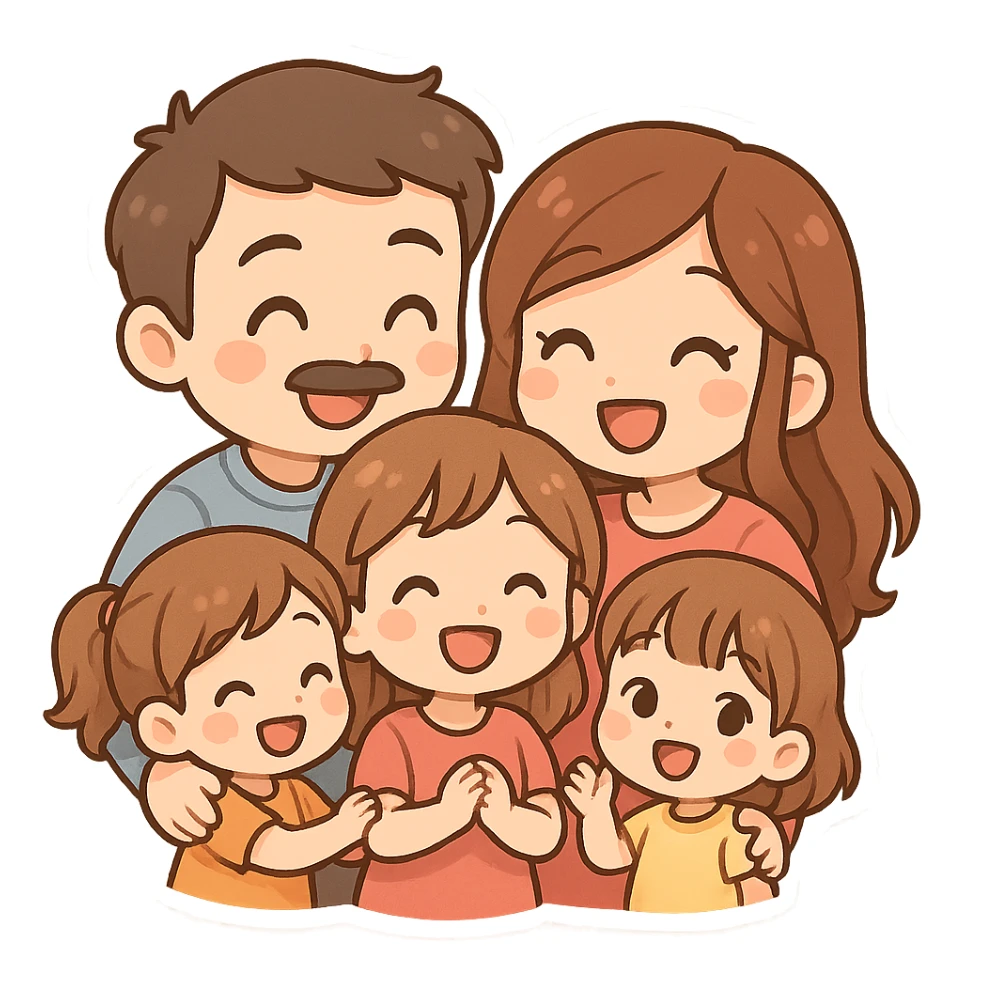 a friendly and cheerful family with dad, mom, and three daughters, all together sticker