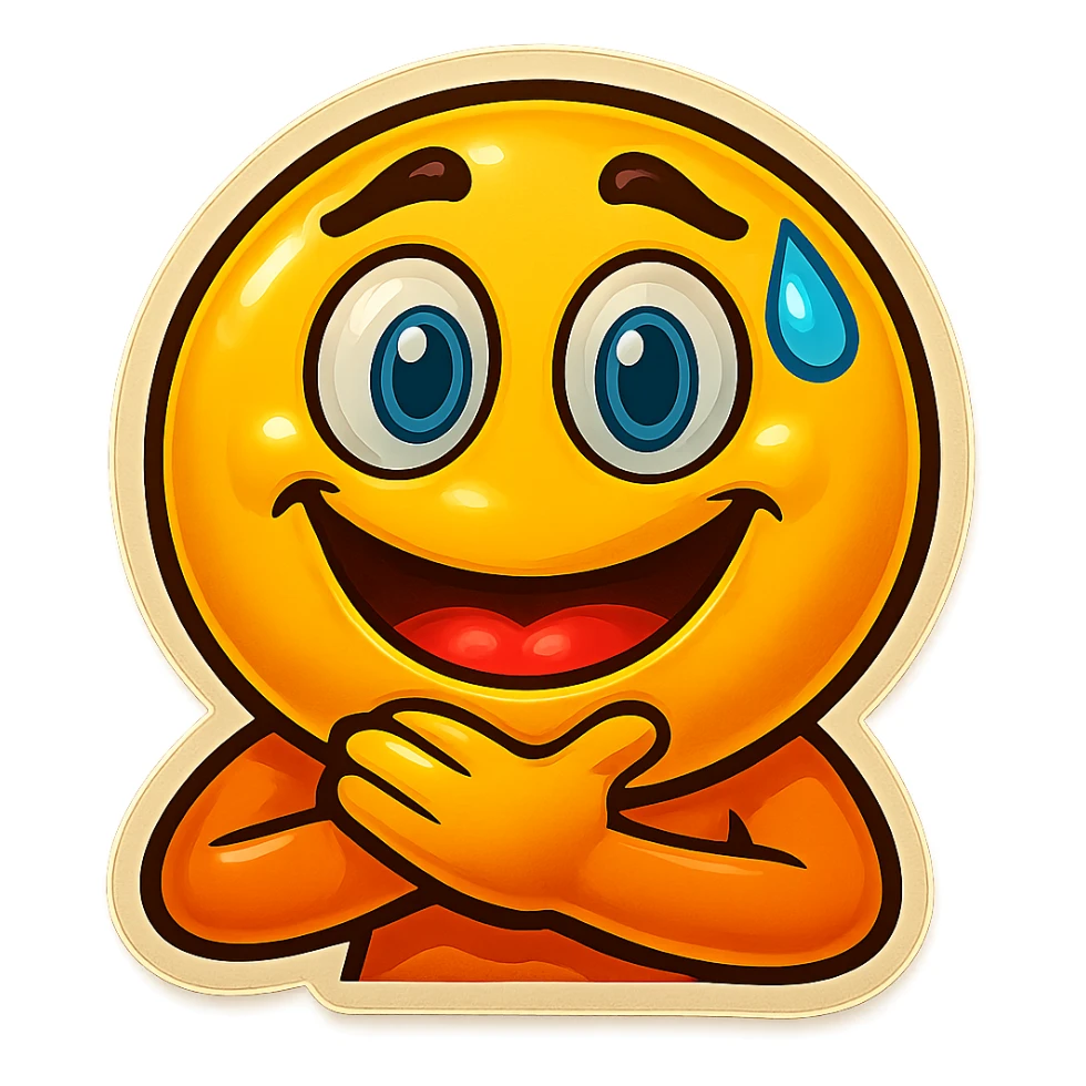 Make the emoji smile while choking itself, keep the same retro stickers style, no background. sticker