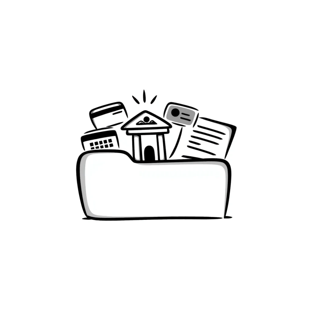 Closed folder icon with small symbols floating around: bank building, credit card, calculator, and document – organized financial archive sticker