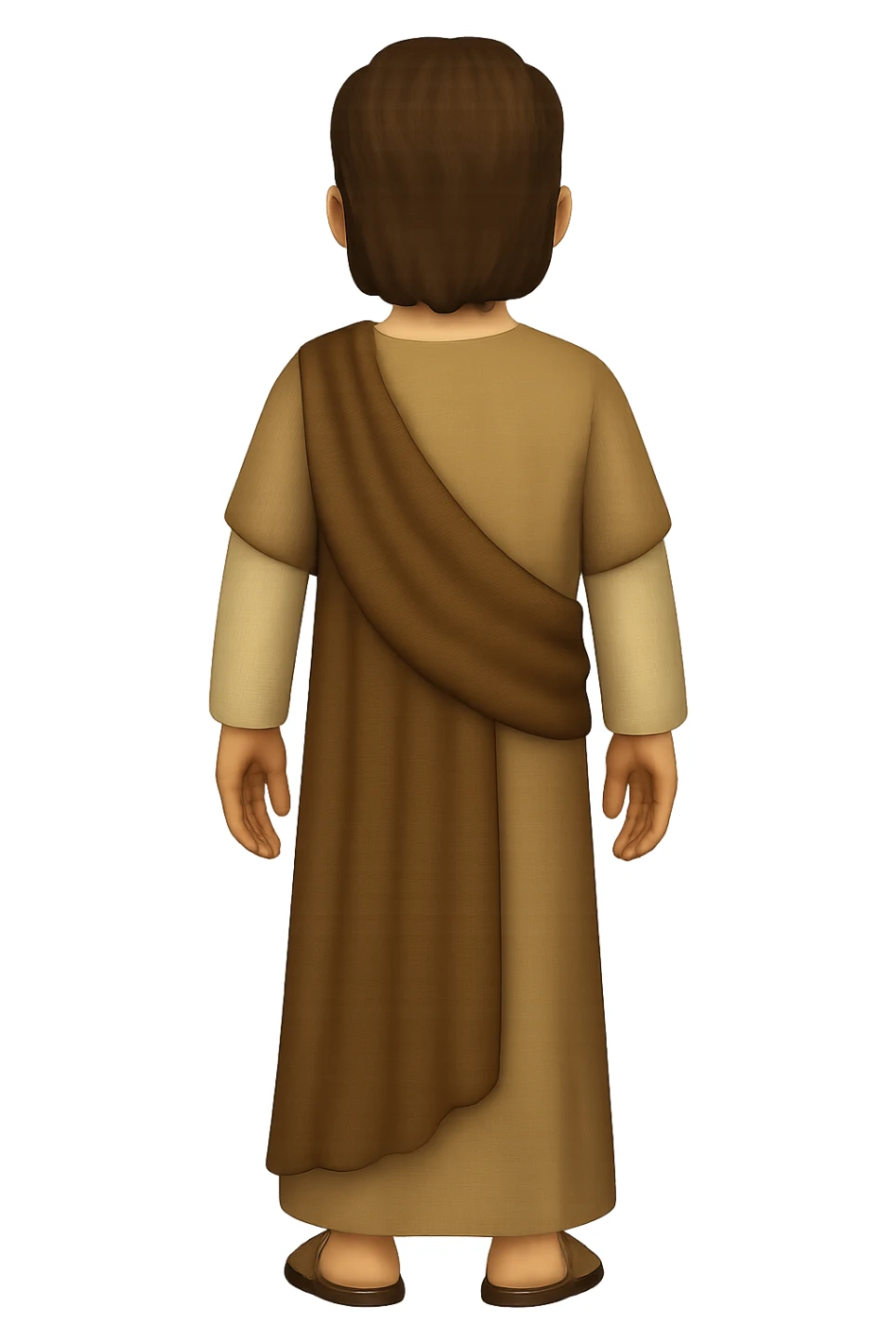 Edit the image to show a back view, centered full body, facing away, in classic emoji style. Depict apostle Peter with short hair, no hood, arms down by sides, smiling, detailed beard, wearing long sleeve brown clothes with beige details and a cape. No background. sticker