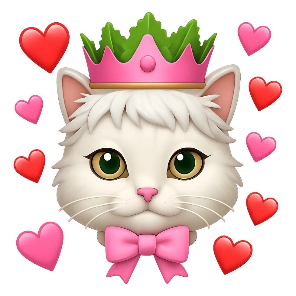Add hearts around a white cat with a pink bow and a green lettuce crown in emoji style, no background. sticker