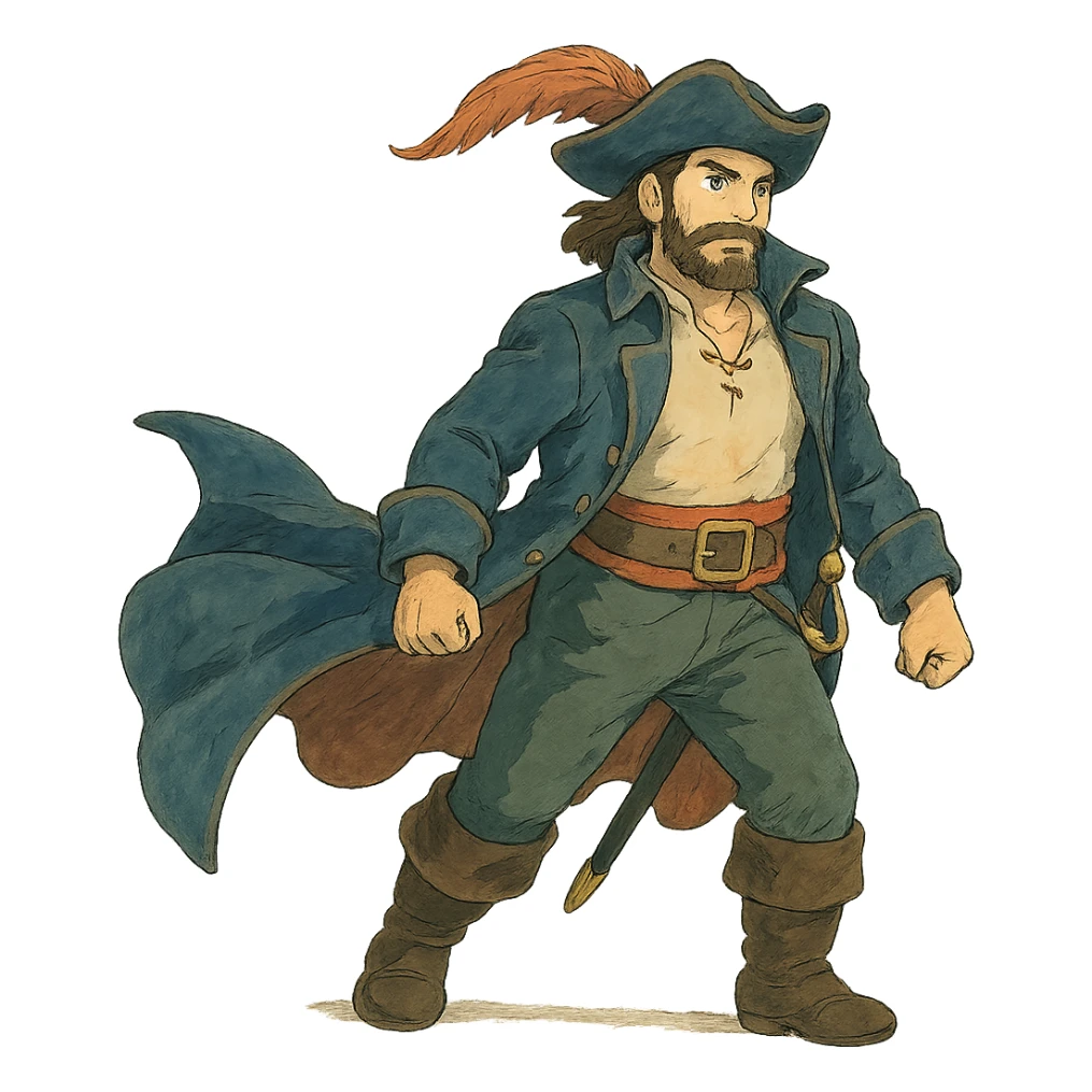 ghibli style pirate with flowing coat and feathered hat sticker