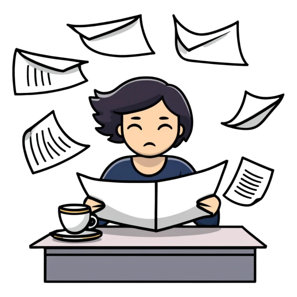 tired woman with flying papers around her sticker