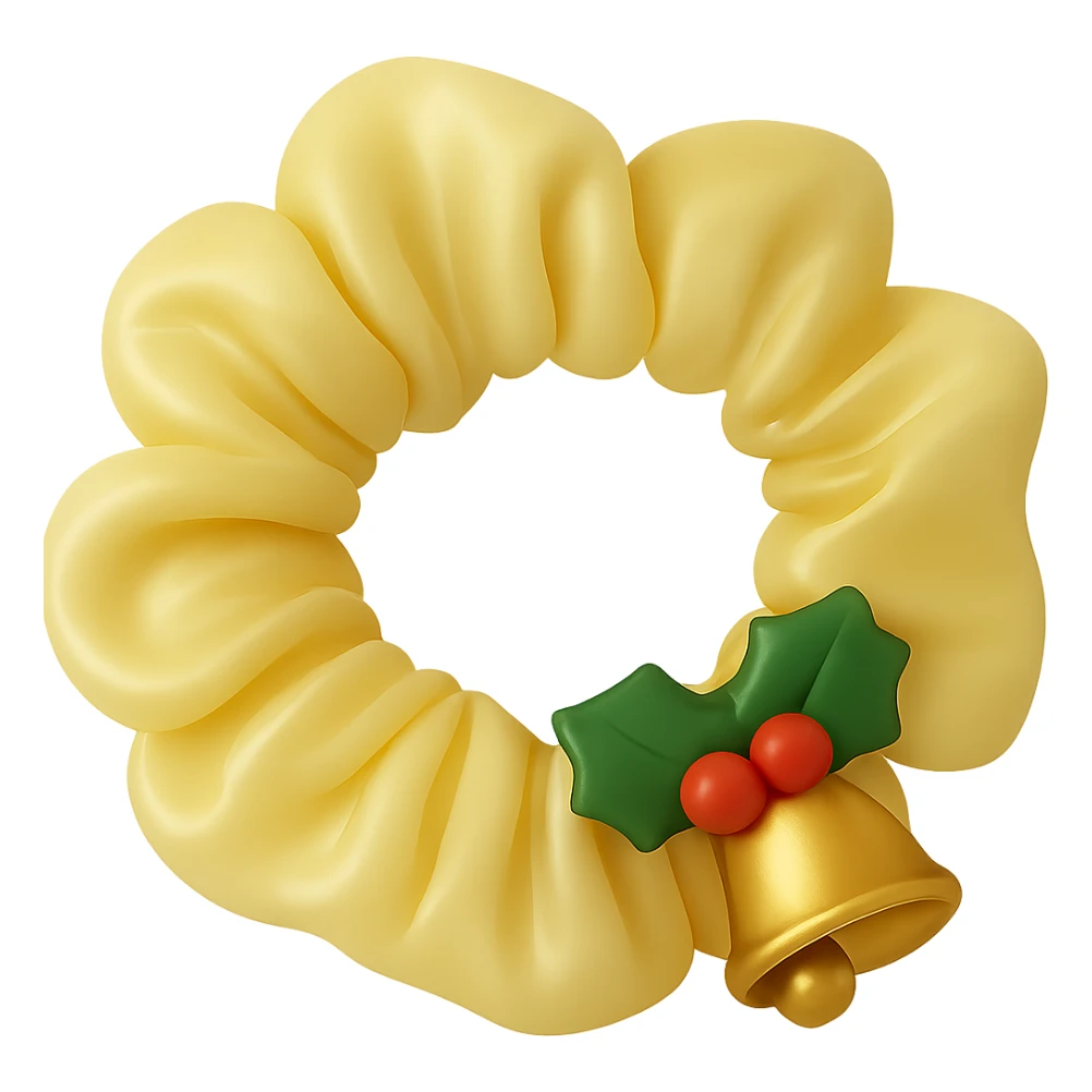 Add small holly leaves and berries next to the Christmas bell charm on the pastel yellow silky scrunchie, keep the 3D emoji style and shimmer effect. Remove the background. The original style is 3D emoji style which does not support editing, so use a general style editor while respecting the 3D emoji look. sticker