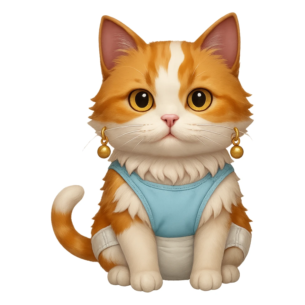 Add earrings to the cat with a visible diaper. Keep no background. sticker