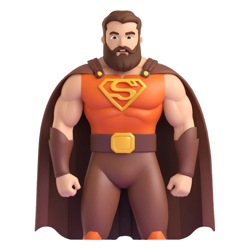muscular superhero in brown and auburn costume, beard-shaped logo, comb-shaped belt, magnificent beard sticker