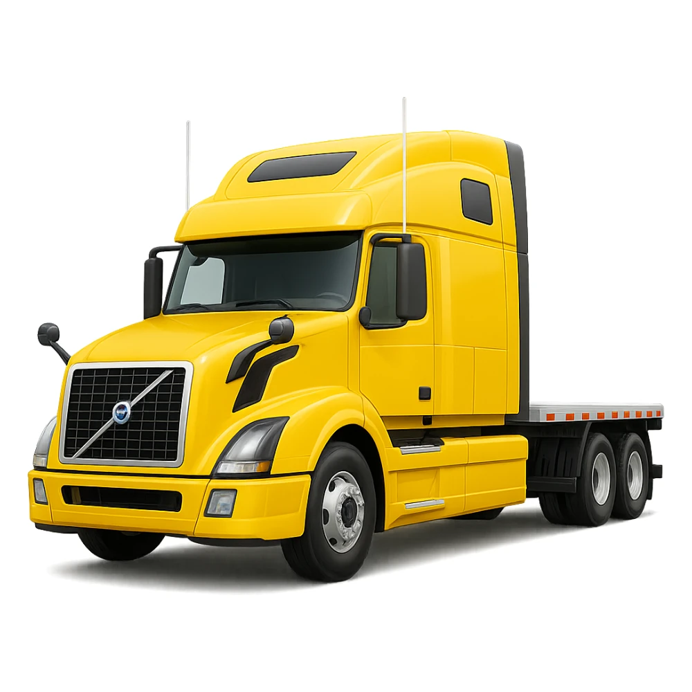 Add a flat bed trailer to the Volvo sleeper semi truck, front view. Keep the background transparent. The original style is emoji style, but emoji style does not support editing, so please maintain the look in a general style editor. sticker