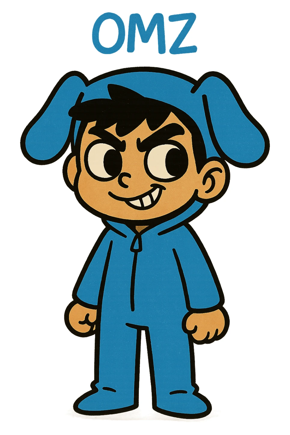 Extract only the blue character (OMZ) from the group in the original style and quality. Give the character a mischievous expression. sticker