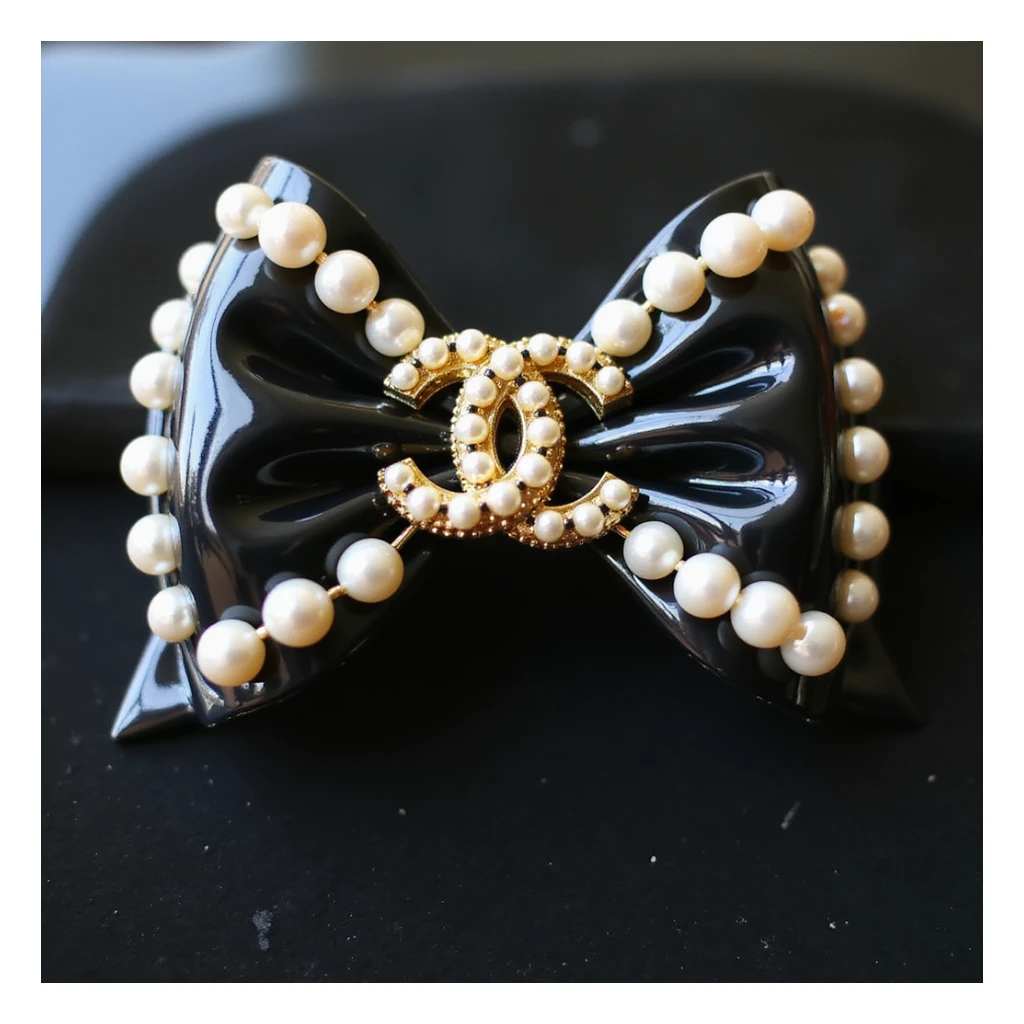 elegant bow with pearls and gold Chanel logo, glossy, monochrome, realistic style sticker