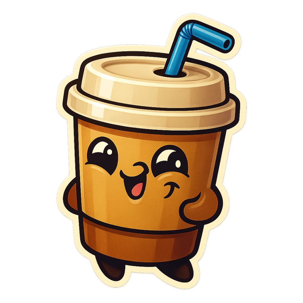 Tall coffee cup, amused, giggling, mischievous, drinking coffee with straw, looking sideways sticker