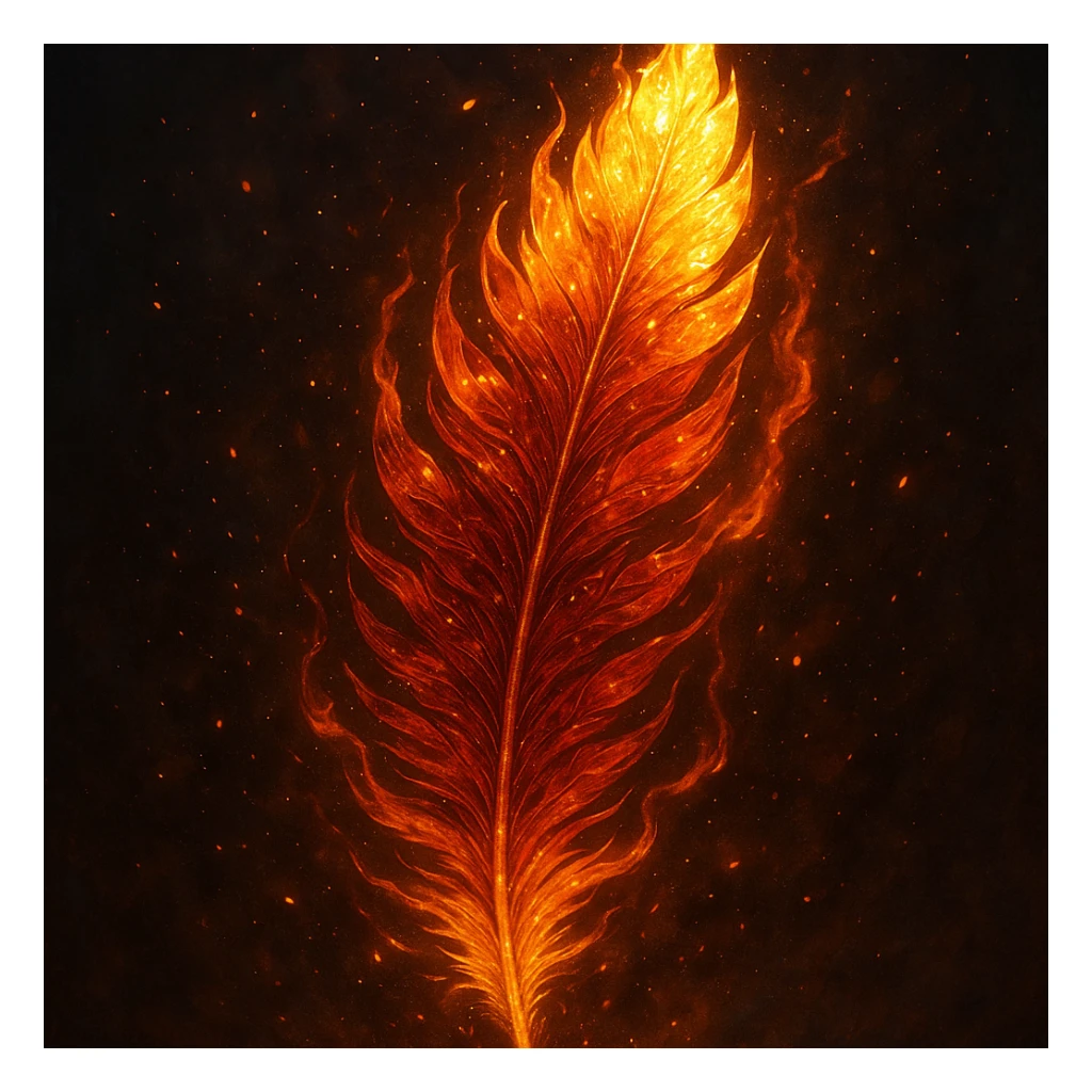 fiery phoenix feather, golden tips, intense heat effect, glowing, highly detailed, magical aura sticker