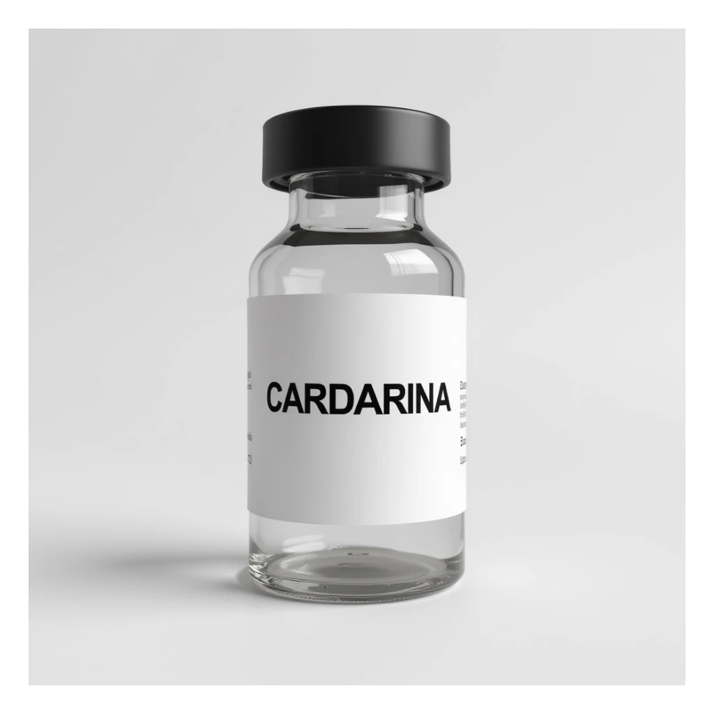 hyperrealistic 4K medicinal vial with a clearly visible label showing the word 'CARDARINA' in large block letters sticker