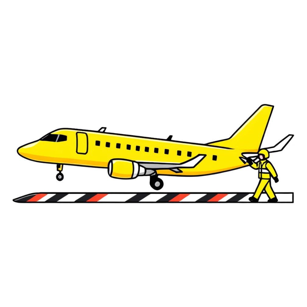 ramp agent with marshalling wands guiding aircraft, wearing bright yellow coat sticker