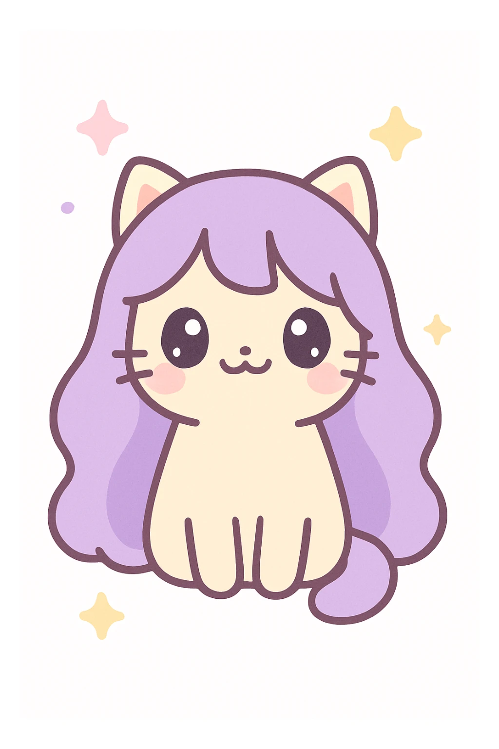 playful cat with long purple hair, big eyes, kawaii style sticker