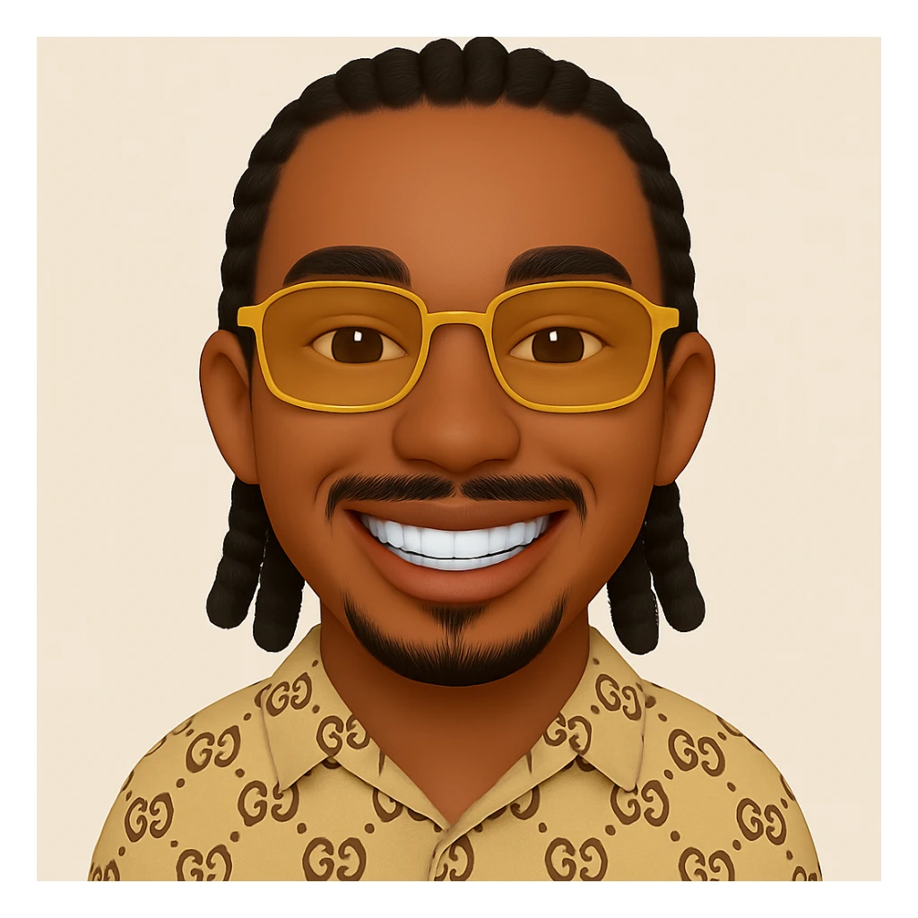 Add a smile with visible teeth to the face, keeping absolutely all other features identical including yellow glasses, chin beard, mustache, braided hair, beige patterned shirt, same style and skin color. The result must be faithful to the original image, only the smile changes. sticker