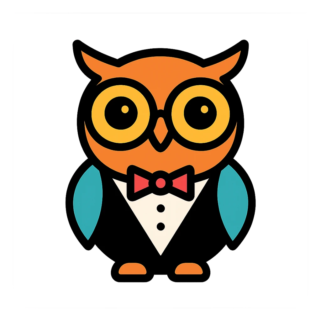 a friendly owl in a tuxedo, helpful expression, modern icon style sticker