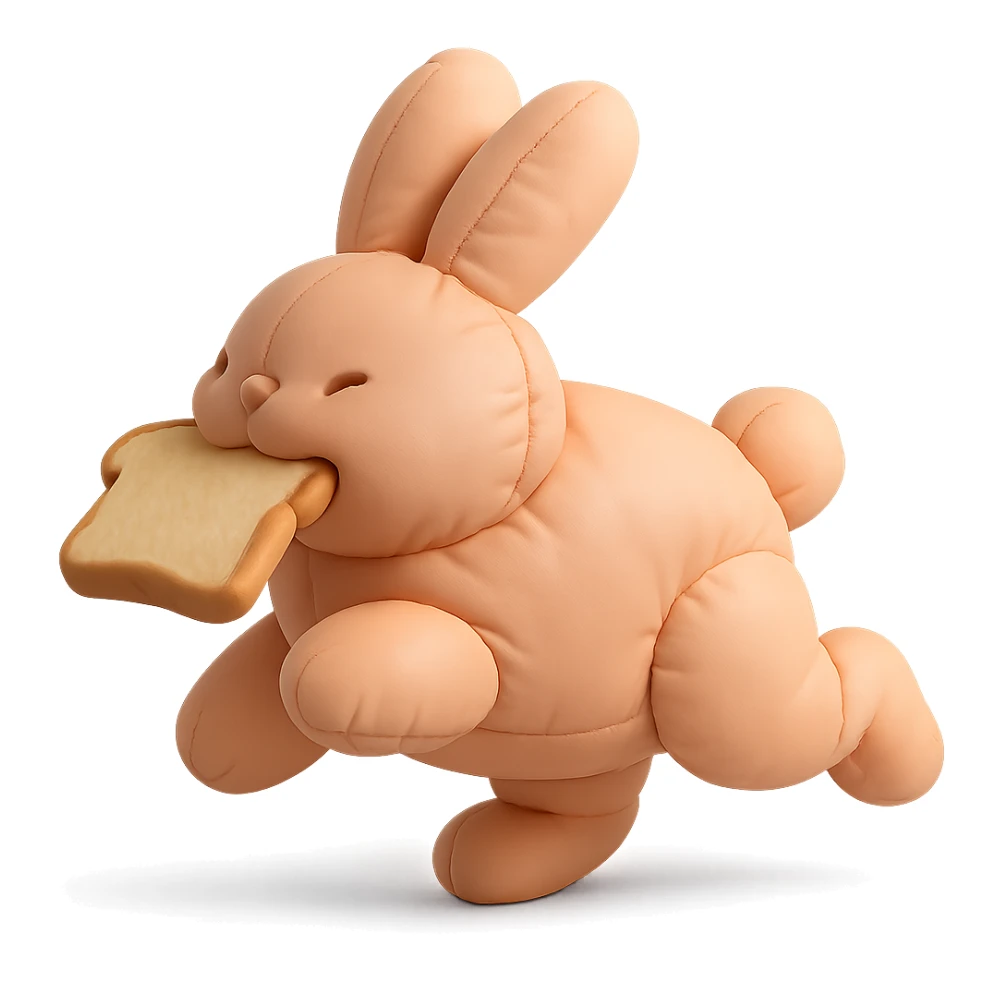 peach bunny running with toast in mouth, cushion style sticker