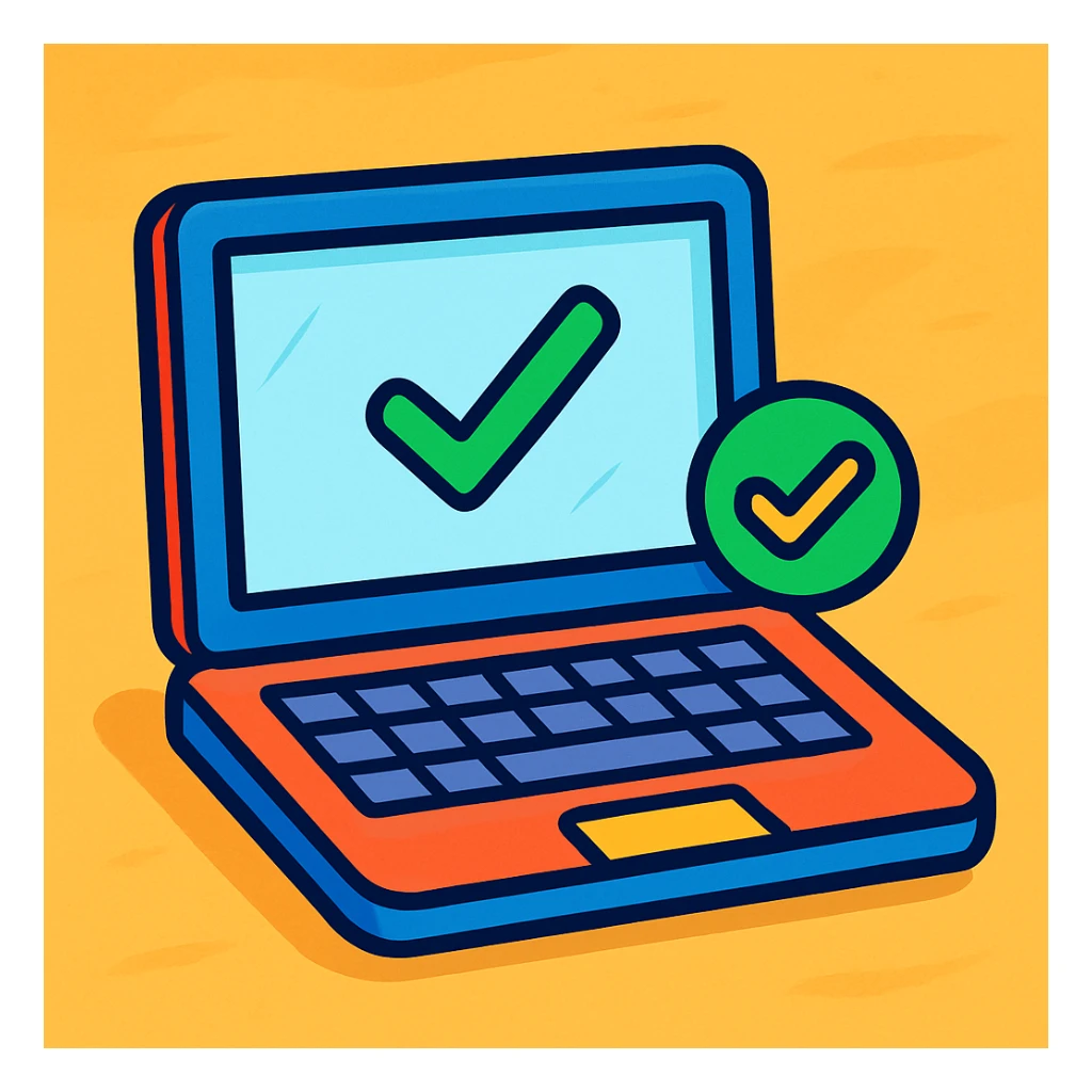 modern style laptop with a green check mark at the bottom right sticker