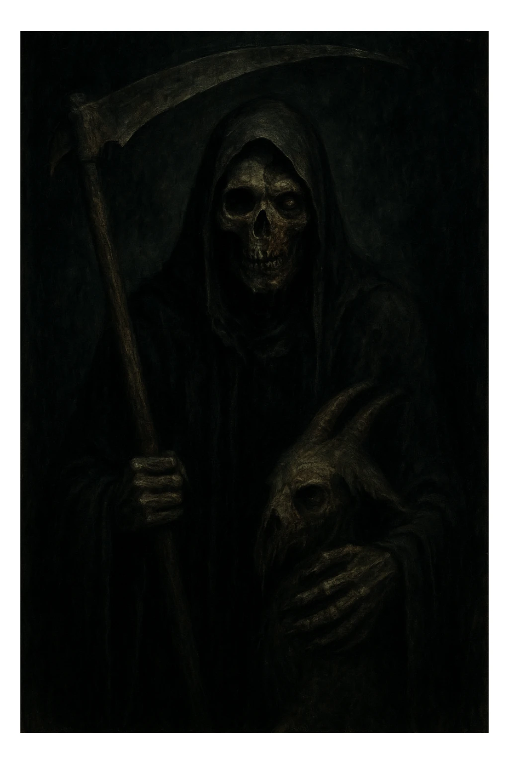 A grim reaper character, left hand grasping a faun, face half skeletal, half decaying zombie, ominous and shadowy, dark, haunting, and supernatural mood. sticker