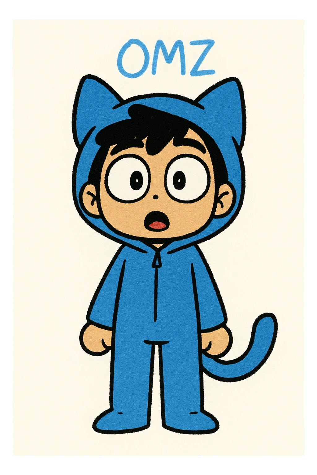 Extract only the blue character (OMZ) from the group in the original style and quality. Give the character a surprised expression. sticker