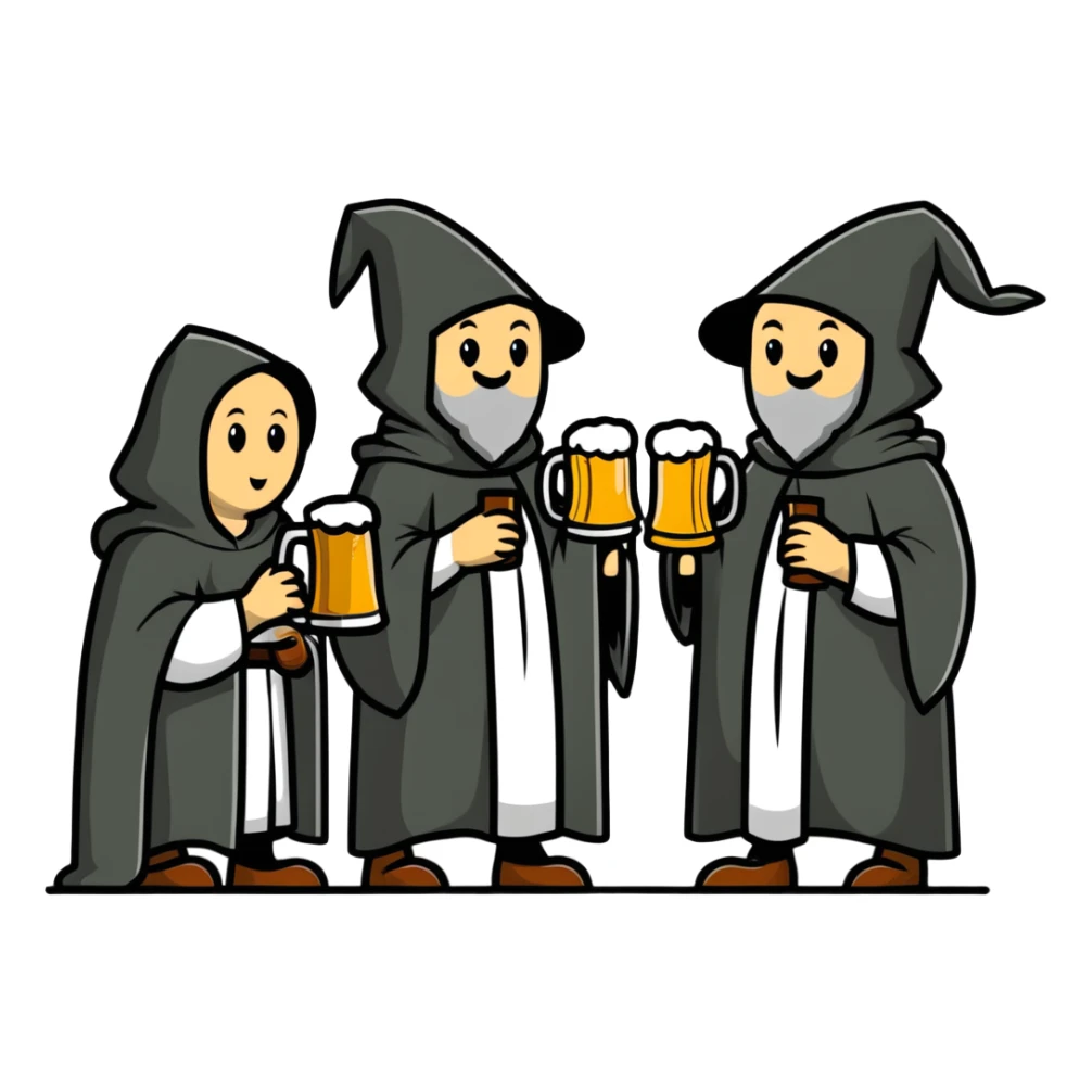 medieval pilgrims with cloaks drinking beer at a tavern sticker