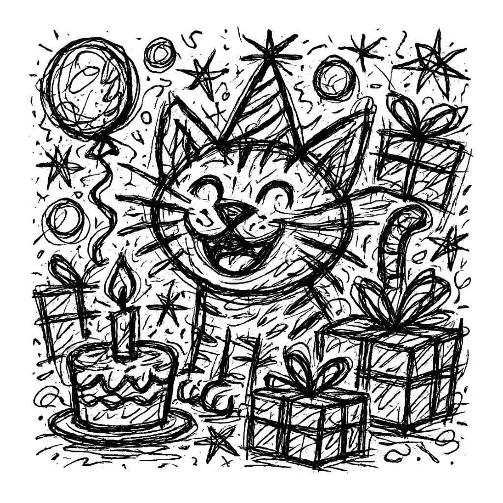 Add more gifts around the kitten, keeping the chaotic outlined style and all original elements intact sticker