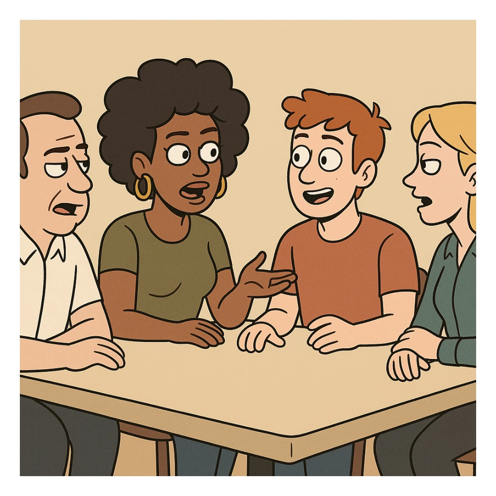 group of people talking around a table sticker