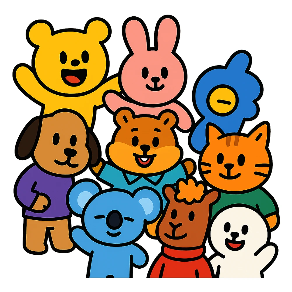 BTS members as cartoon animals, playful and fun, group setting sticker