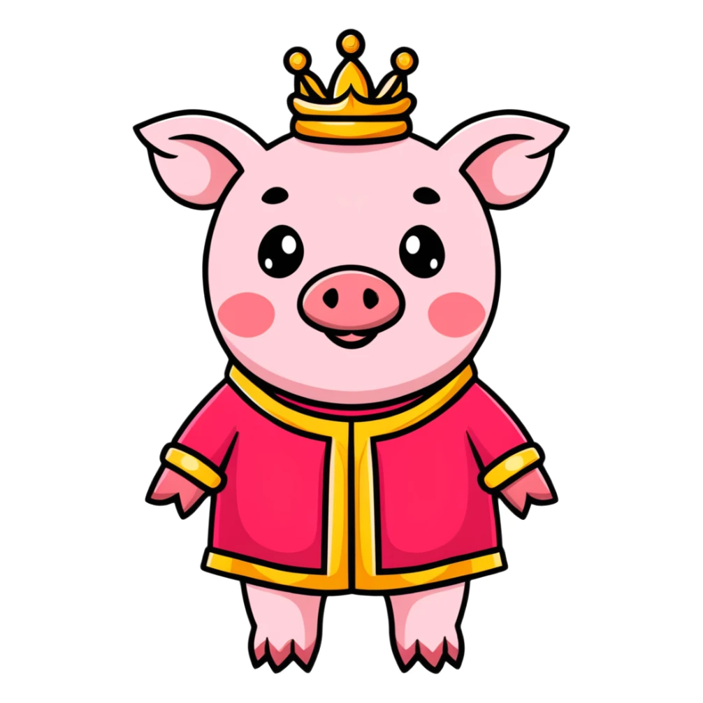Pink pig wearing a golden crown and royal red robe, Technoblade sticker