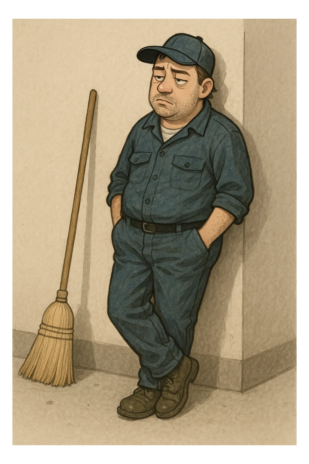 lazy janitor leaning against a wall, hands in pockets, broom on the ground, uninterested face sticker
