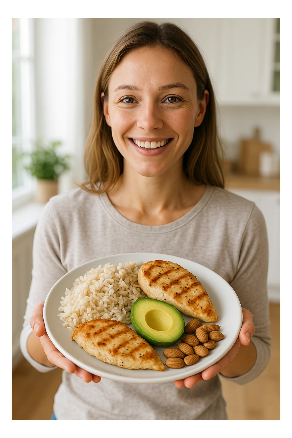 realistic scene of a woman serving a balanced meal with clearly visible carbohydrates, proteins, and fats on the plate, healthy atmosphere, detailed, aspect ratio 2:3 sticker