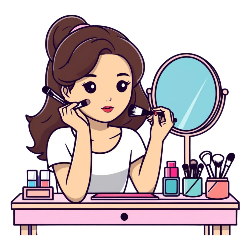 Cool brunette girl putting on makeup at her vanity desk  sticker