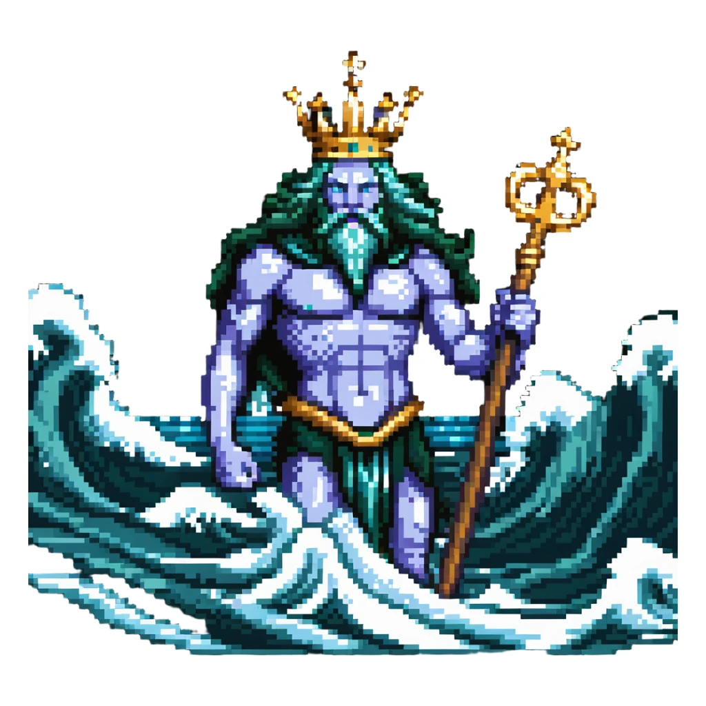 Neptune with trident emerging from ocean waves, sea god with crown sticker
