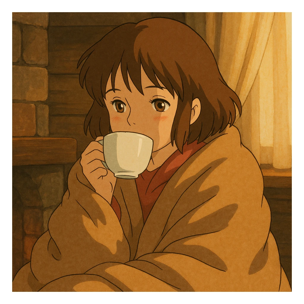 girl with brown hair and light brown eyes drinking coffee from a cup, wrapped in a blanket, ghibli style sticker