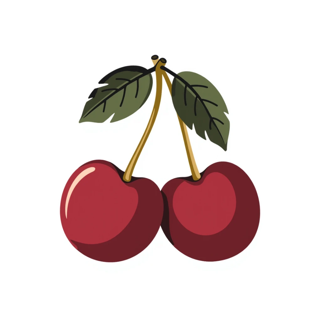 Two cherries with golden stems connected, paired with dark green leaves sticker