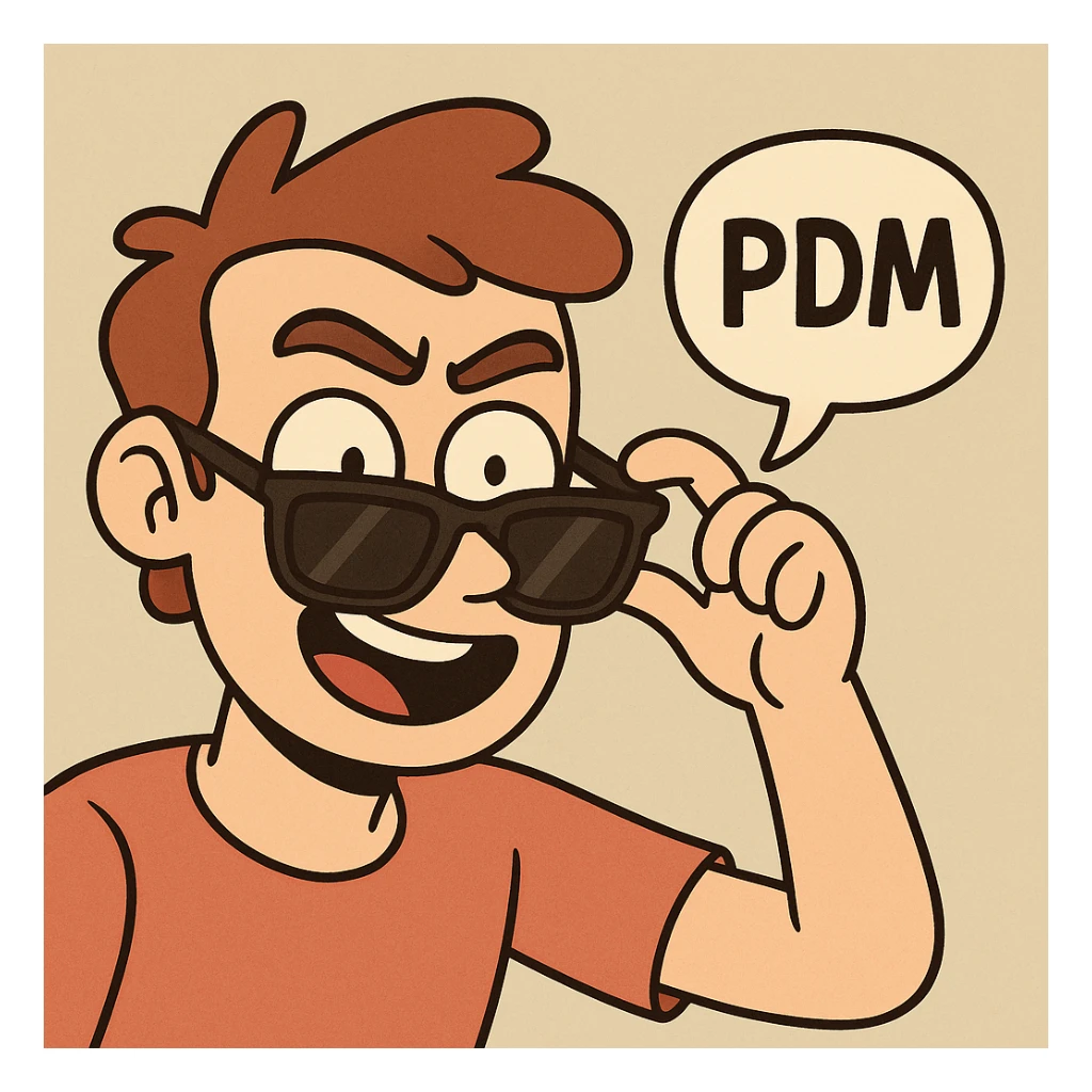 a cartoon face lowering sunglasses, speech bubble with 'PDM', playful and energetic sticker