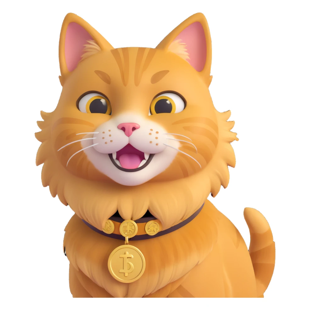 fun and meme-like cat inspired by the Dogecoin logo, golden fur, playful expression, with a coin collar sticker