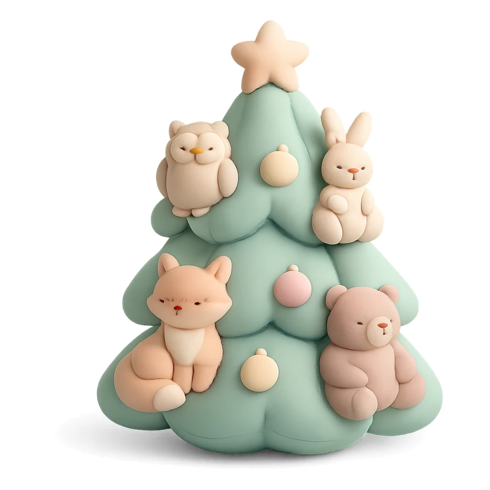 pine tree decorated with soft woodland critters, soft pastel colors, cushion style sticker