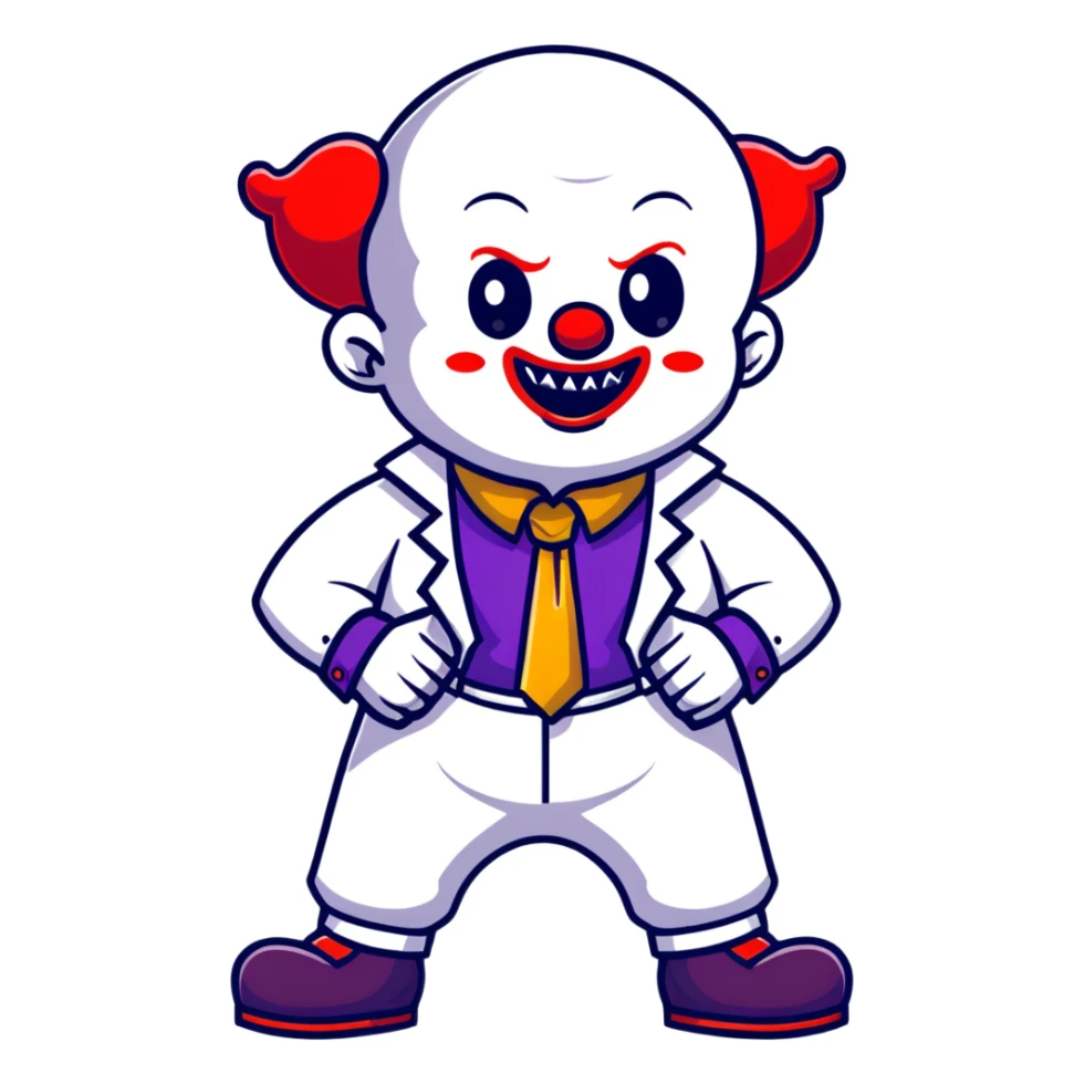 full-body demonic clown in a white leisure suit with bellbottom pants, bald, black ram horns, elevator shoes, flashy belt, ruffled shirt, colorful tie sticker