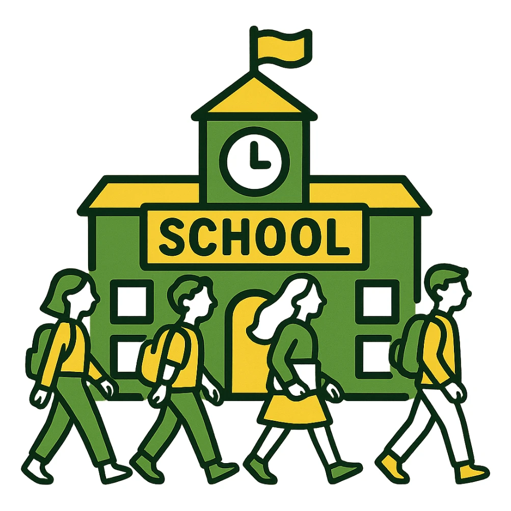 Add students walking in front of the school building in a minimalistic style with a green, gold, and white color scheme. Use clean lines, with no background. sticker