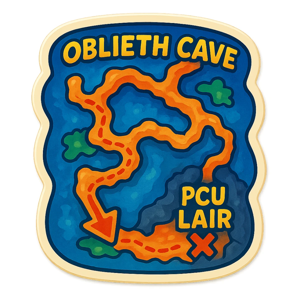 a hand drawn map of how to navigate the Oblieth cave system to find the PCU Lair sticker