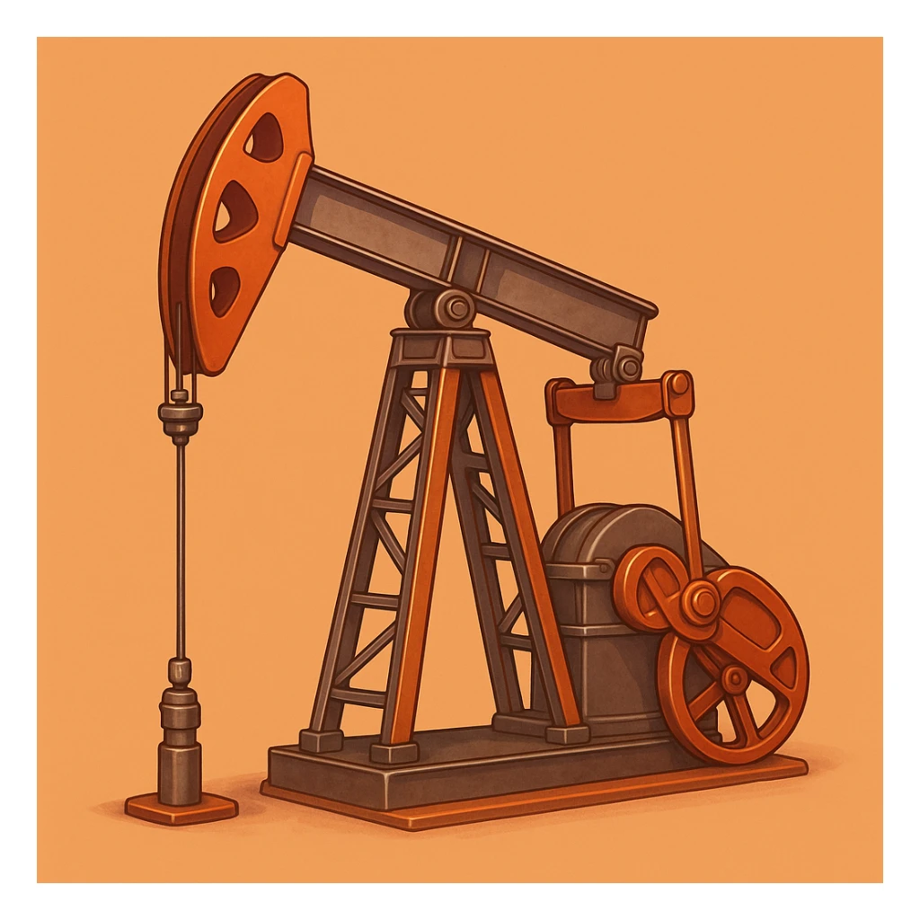 Сгенерируй мне нефтекачалку в мультяшный реалистичный стиль, мягкий тёплый свет, чистые контуры, детализировано, гладкая цифровая отрисовка, оранжево-красная цветовая палитра. На однородном фоне. Металическую sticker